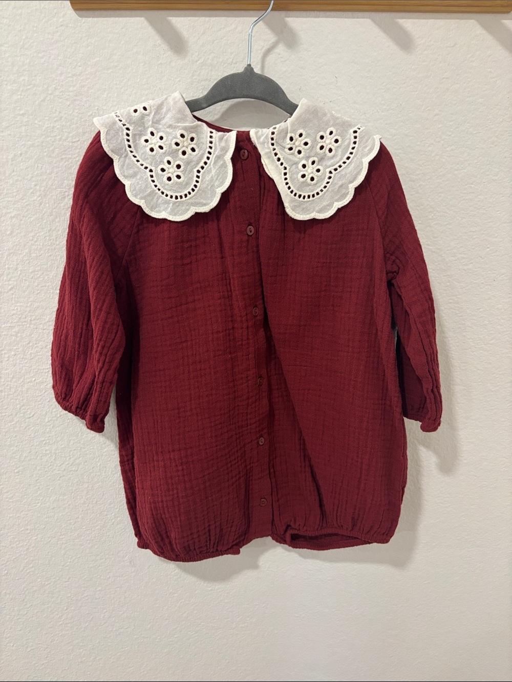 H&M Burgundy Button-Down Top with White Eyelet Collar
